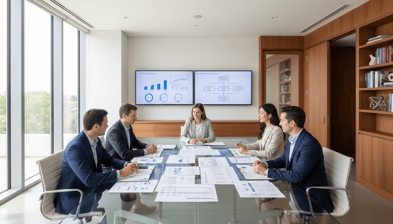 Political strategist reviewing campaign data and strategy materials at a conference table