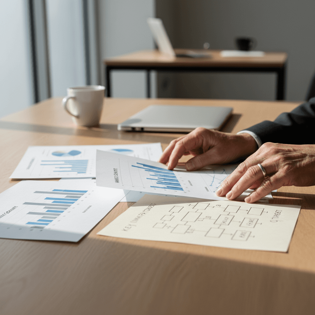 Political strategist reviewing campaign materials and strategic documents at workspace